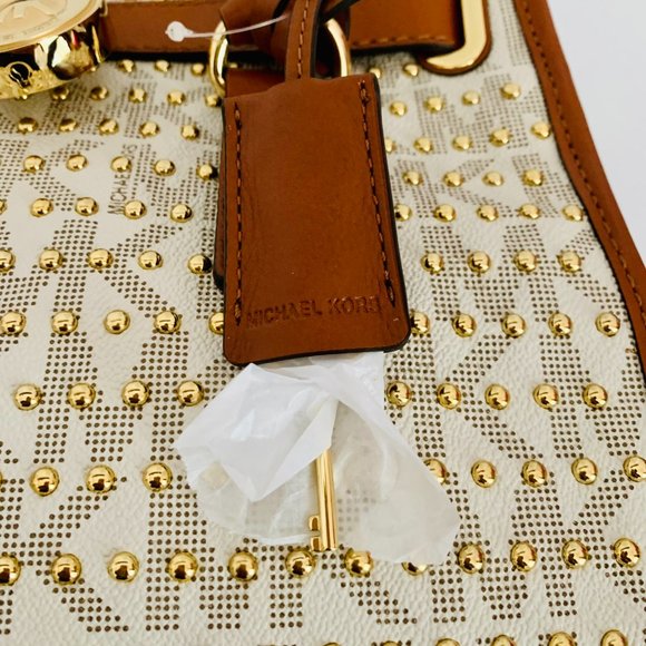 MICHAEL KORS HAMILTON STUDDED VANILLA AND GOLD SATCHEL WITH DUST BAG - Picture 14 of 14